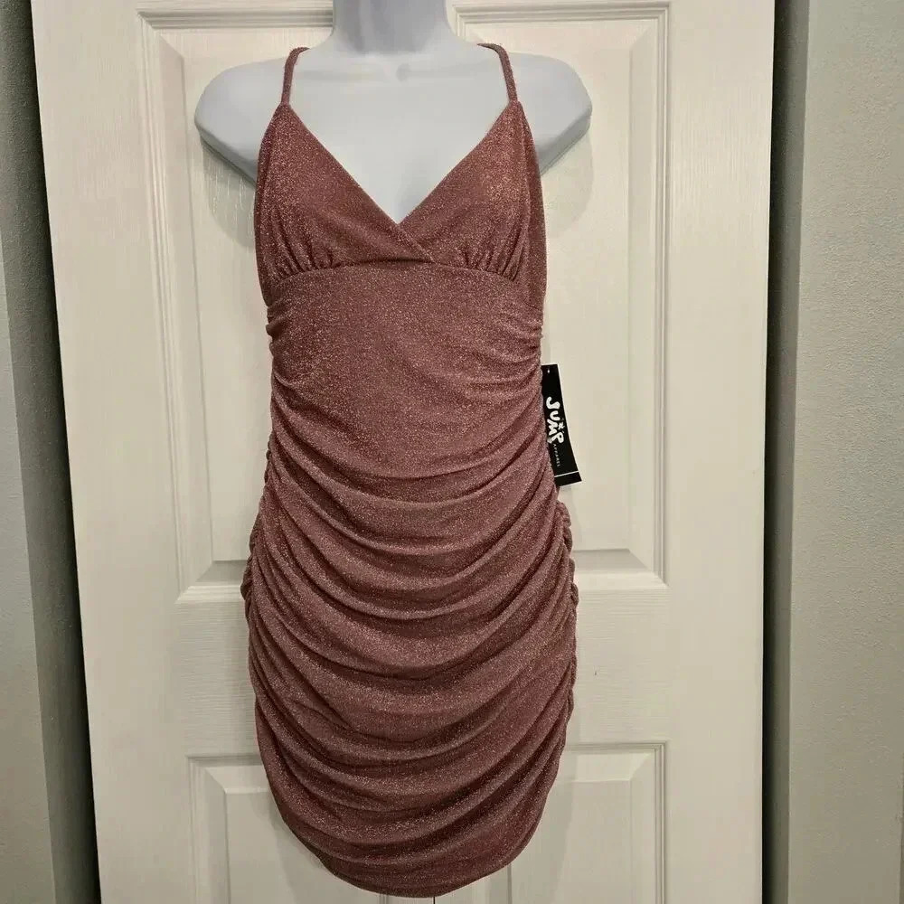 Jump Size Large metallic party bodycon dress with ruched sides in Rose color NWT